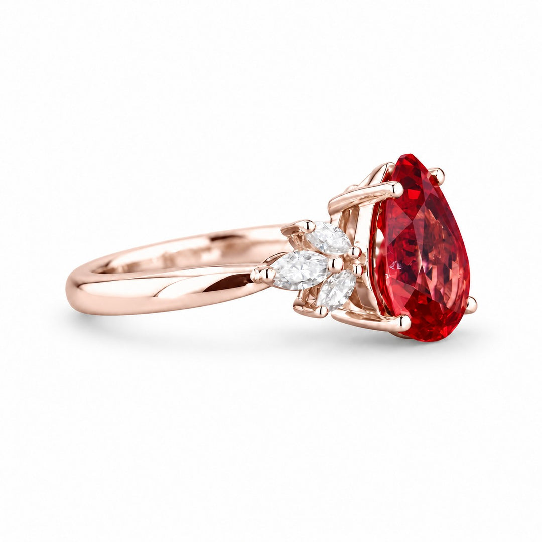 The Ember Laurel — Marquise Diamond Accent Pear Ruby Ring in 14K rose gold, side view