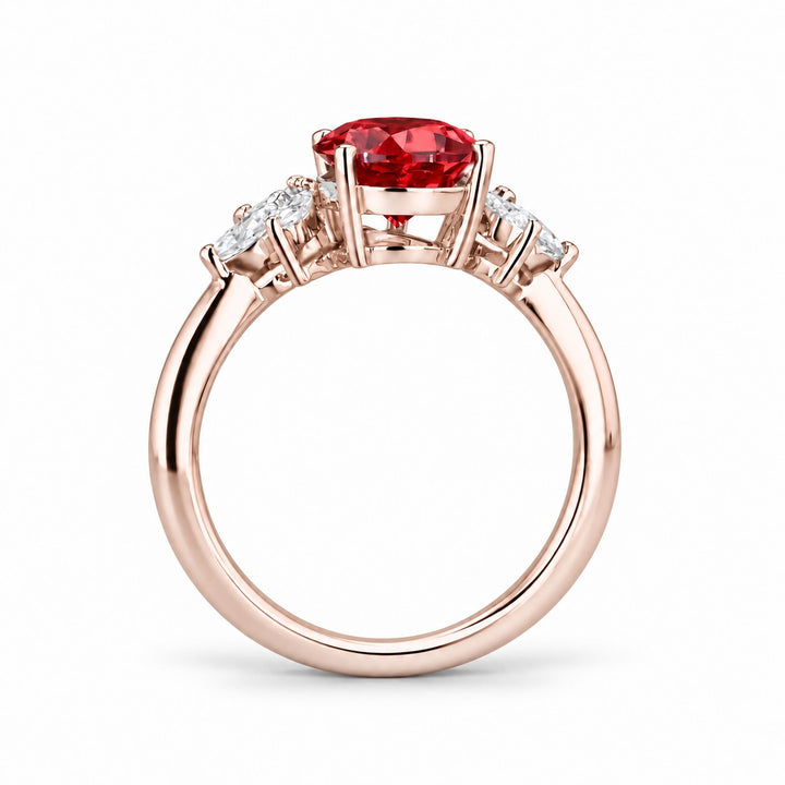 The Ember Laurel — Marquise Diamond Accent Pear Ruby Ring in 14K rose gold, profile