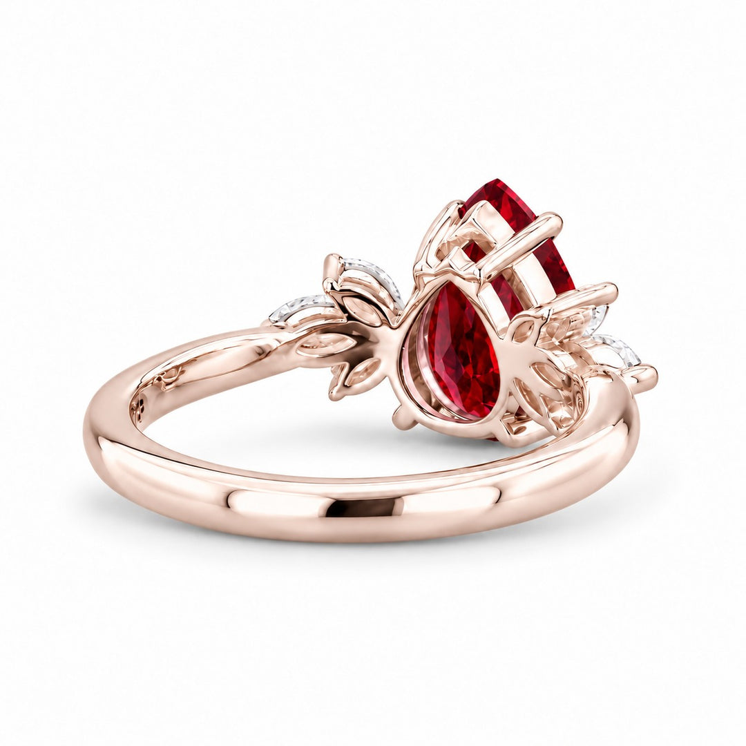 The Ember Laurel — Marquise Diamond Accent Pear Ruby Ring in 14K rose gold, back and setting