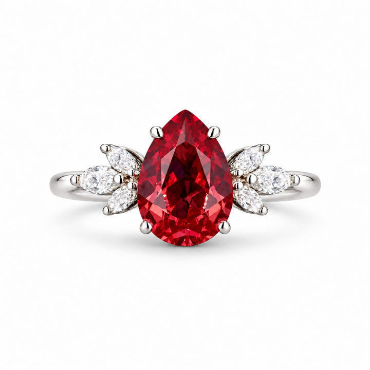 The Ember Laurel — Marquise Diamond Accent Pear Ruby Ring in 14K white gold, front view