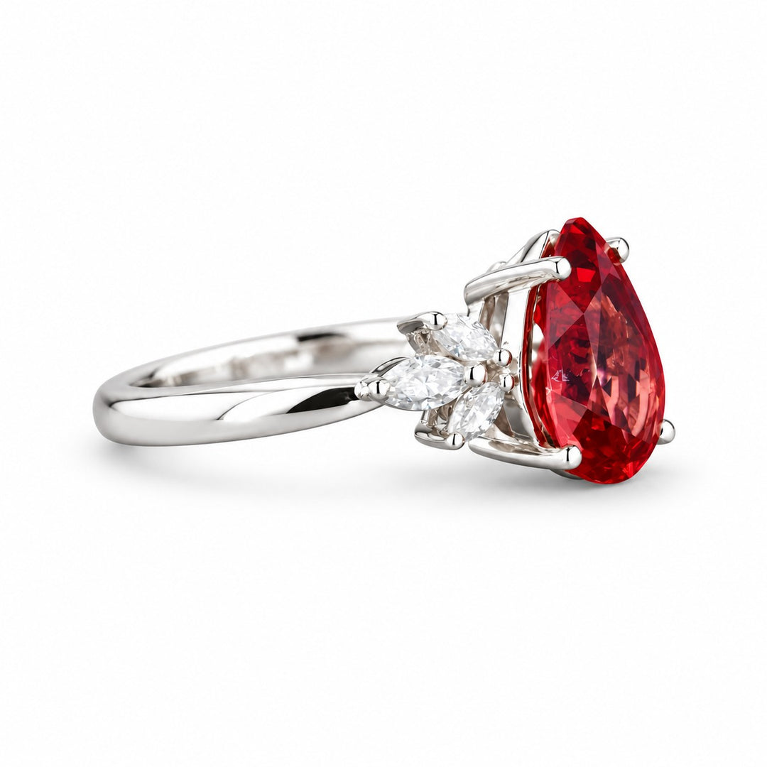 The Ember Laurel — Marquise Diamond Accent Pear Ruby Ring in 14K white gold, side view