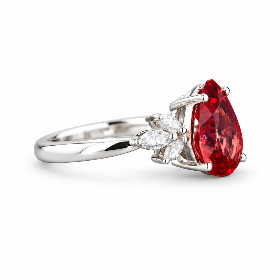 The Ember Laurel — Marquise Diamond Accent Pear Ruby Ring in 14K white gold, side view