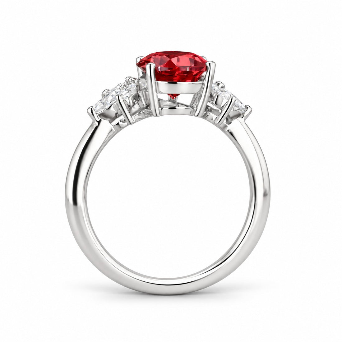 The Ember Laurel — Marquise Diamond Accent Pear Ruby Ring in 14K white gold, profile