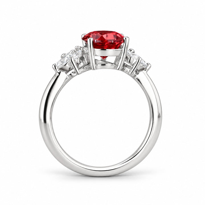 The Ember Laurel — Marquise Diamond Accent Pear Ruby Ring in 14K white gold, profile