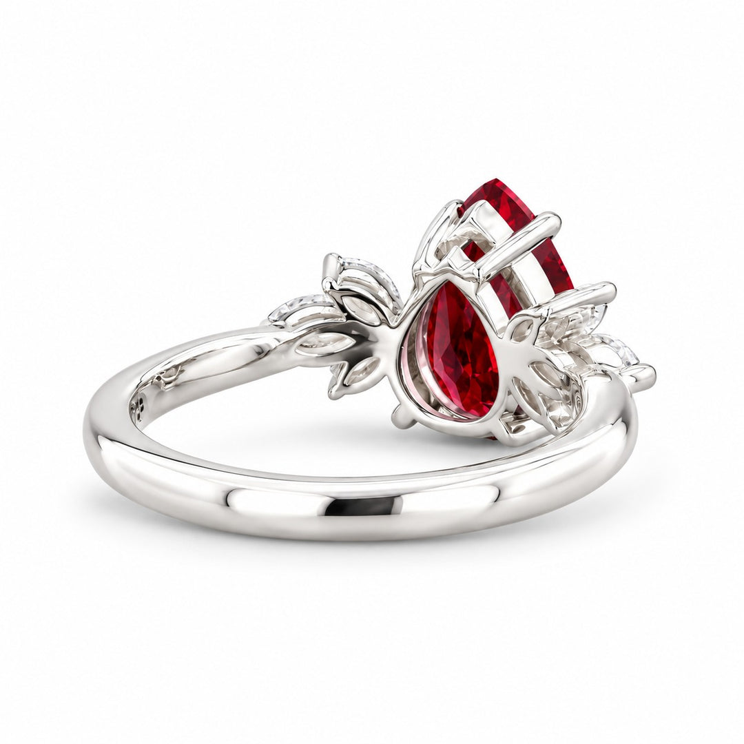 The Ember Laurel — Marquise Diamond Accent Pear Ruby Ring in 14K white gold, back and setting
