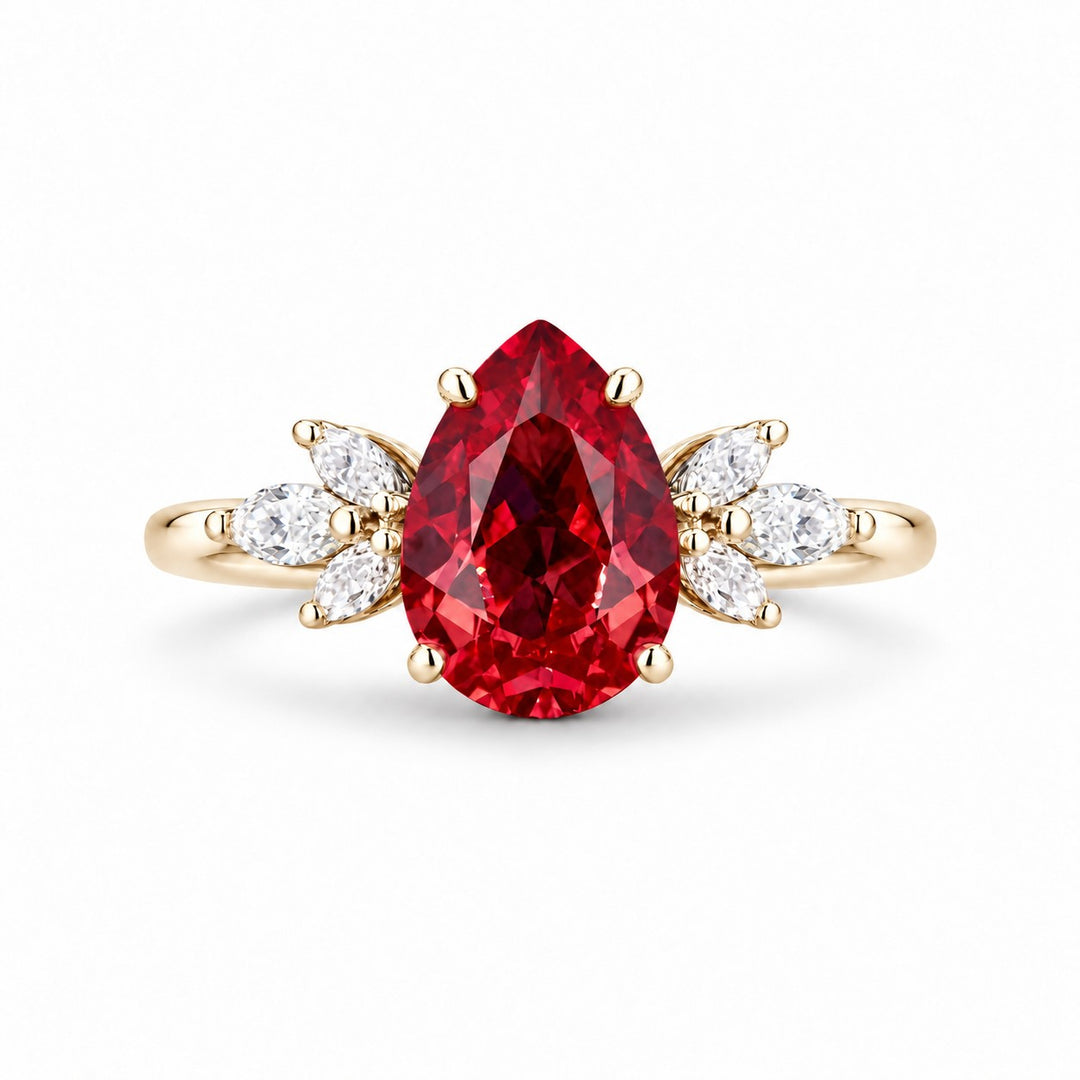 The Ember Laurel — Marquise Diamond Accent Pear Ruby Ring in 14K yellow gold, front view