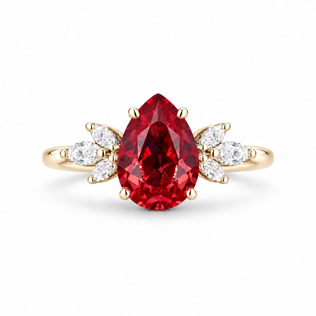 The Ember Laurel — Marquise Diamond Accent Pear Ruby Ring in 14K yellow gold, front view