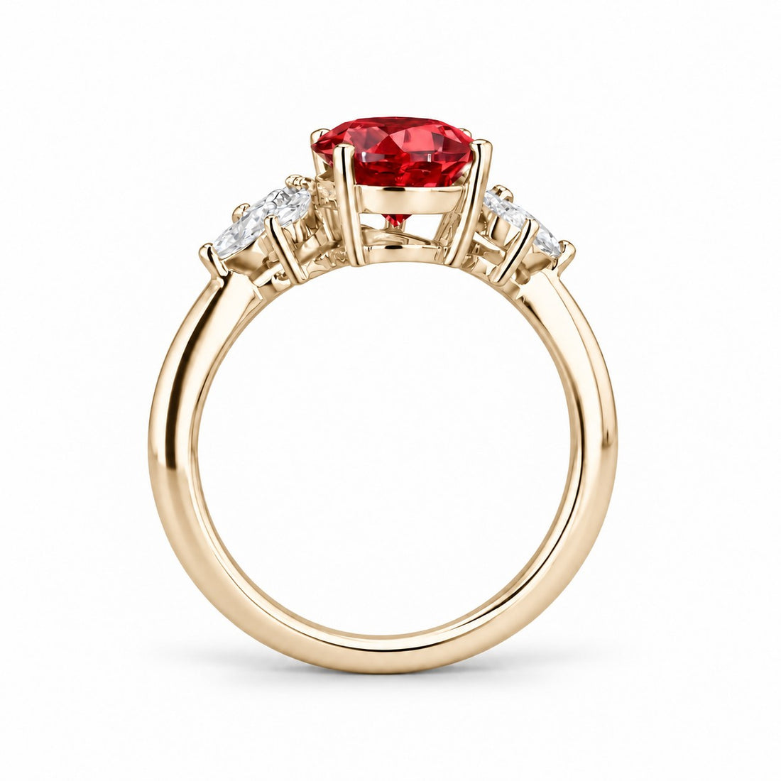 The Ember Laurel — Marquise Diamond Accent Pear Ruby Ring in 14K yellow gold, profile