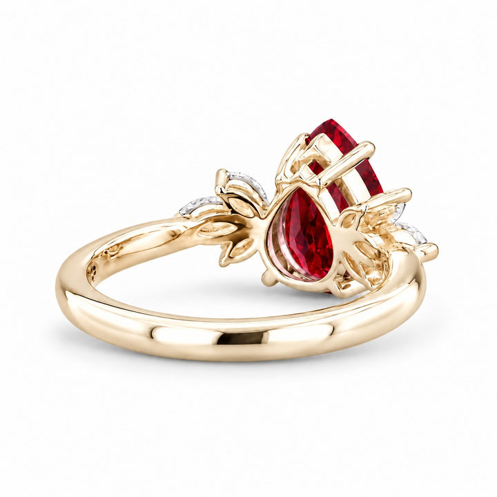The Ember Laurel — Marquise Diamond Accent Pear Ruby Ring in 14K yellow gold, back and setting