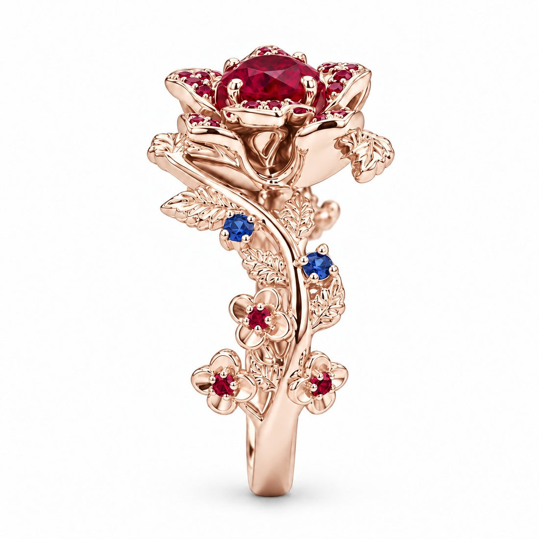 The Damask — Ruby & Sapphire Rose Flower Ring in 14K rose gold, profile