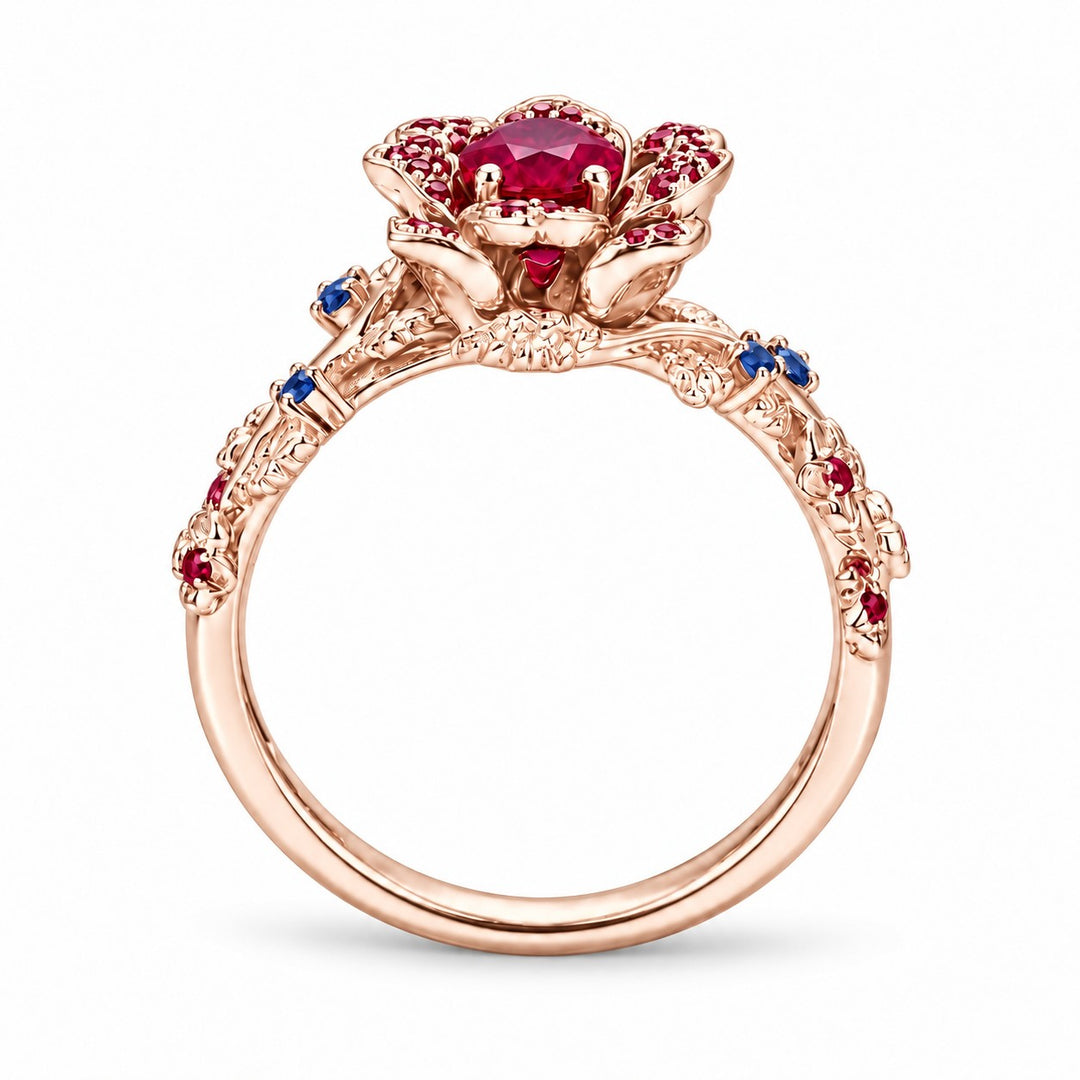 The Damask — Ruby & Sapphire Rose Flower Ring in 14K rose gold, back and setting