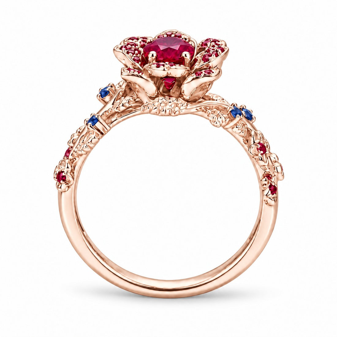 The Damask — Ruby & Sapphire Rose Flower Ring in 14K rose gold, back and setting