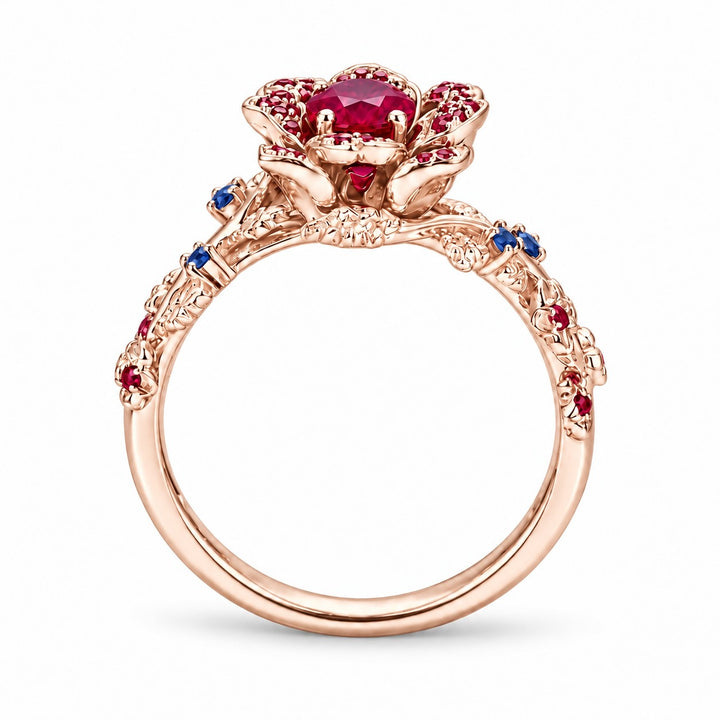 The Damask — Ruby & Sapphire Rose Flower Ring in 14K rose gold, back and setting