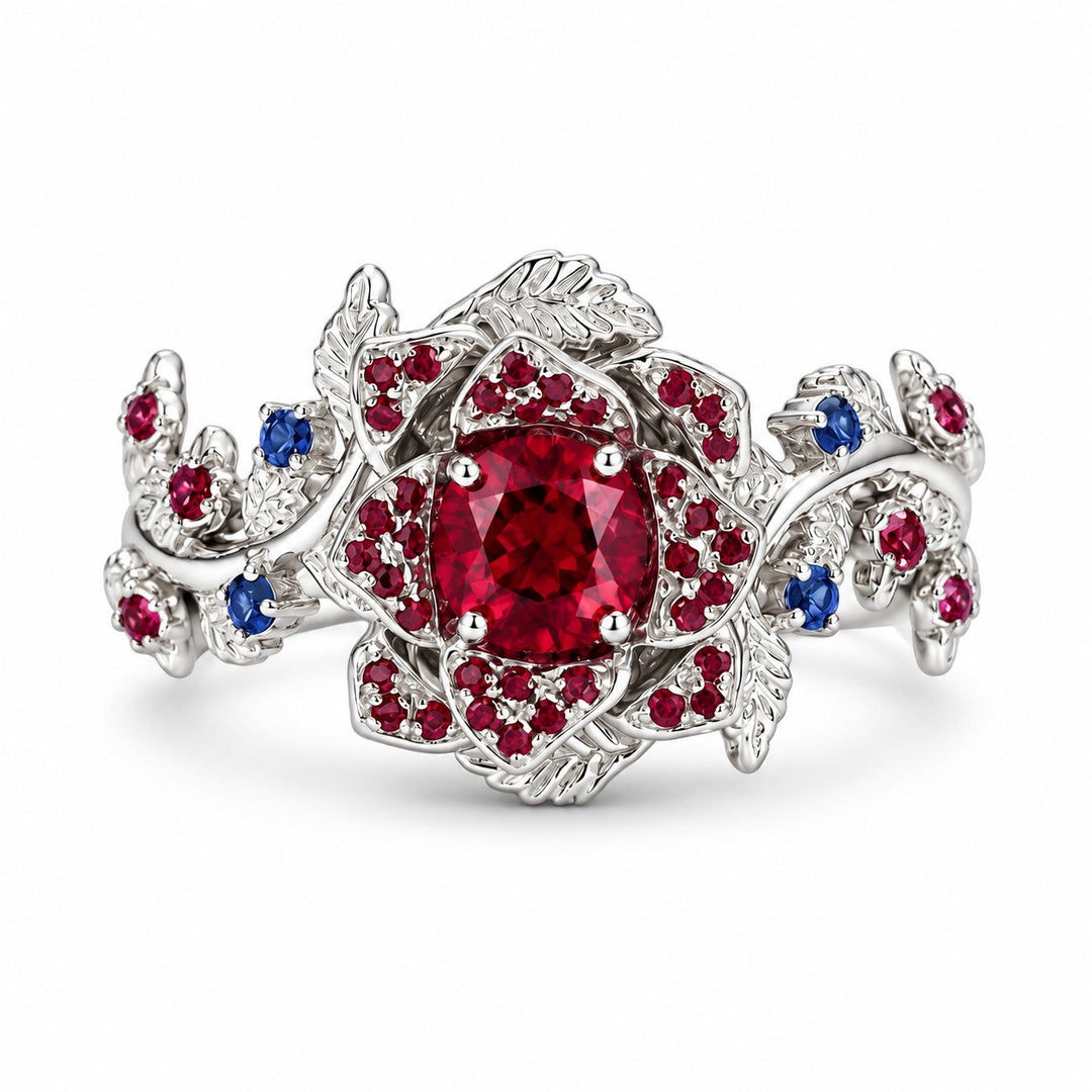 The Damask — Ruby & Sapphire Rose Flower Ring in 14K white gold, front view
