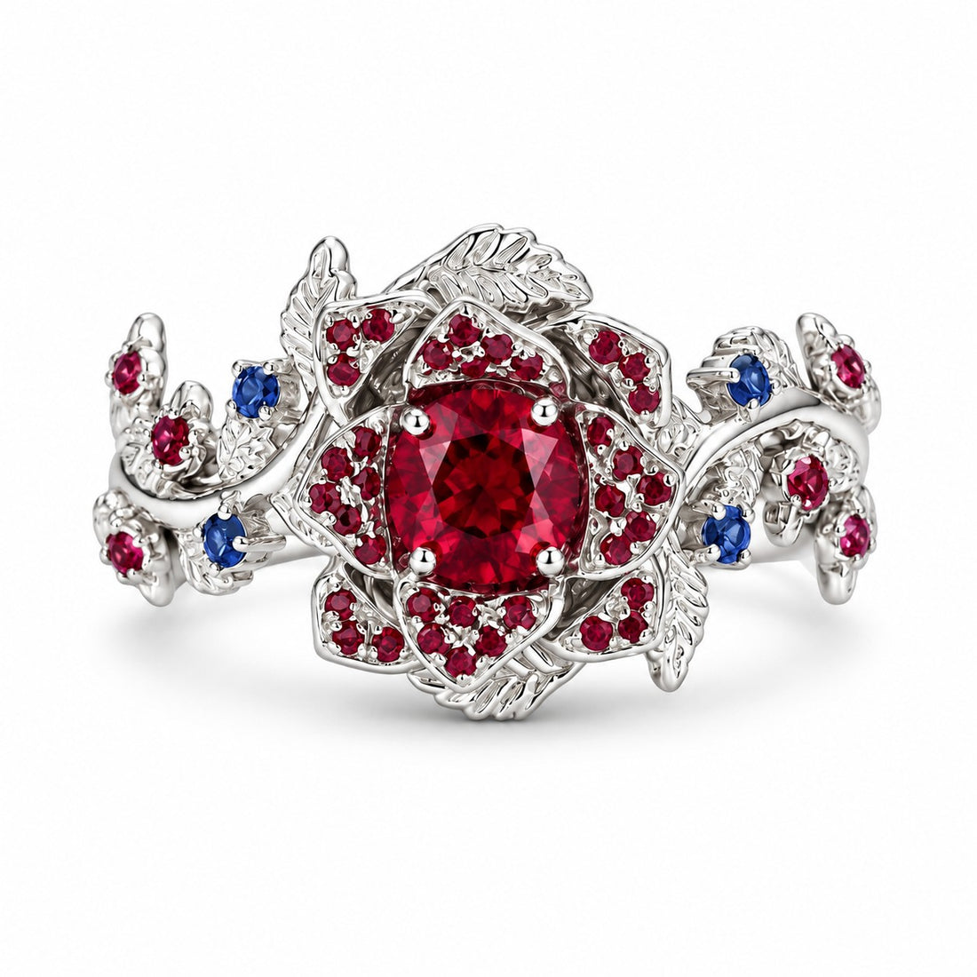 The Damask — Ruby & Sapphire Rose Flower Ring in 14K white gold, front view