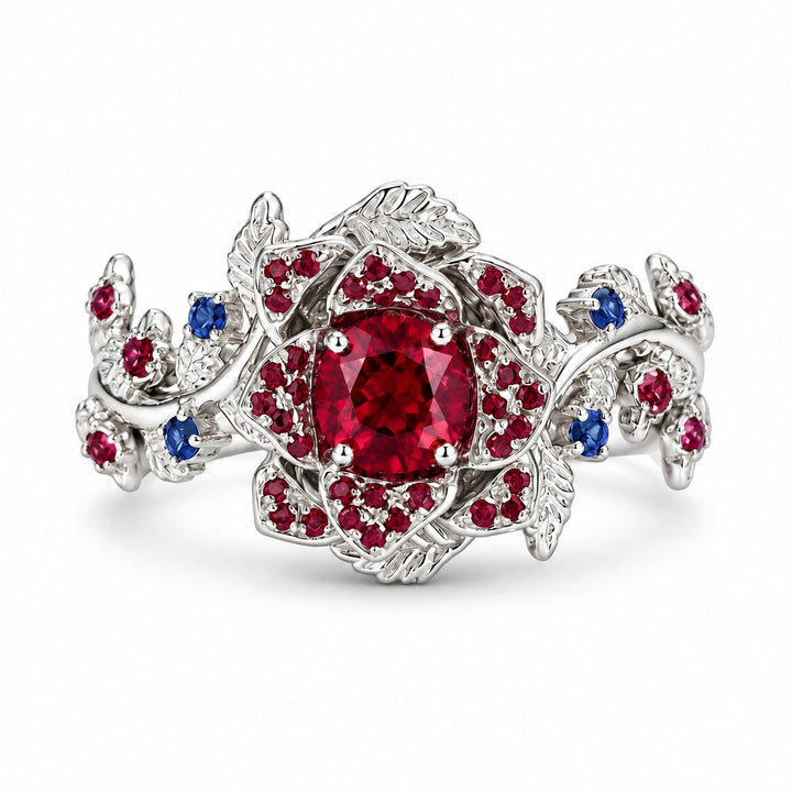 The Damask — Ruby & Sapphire Rose Flower Ring in 14K white gold, front view