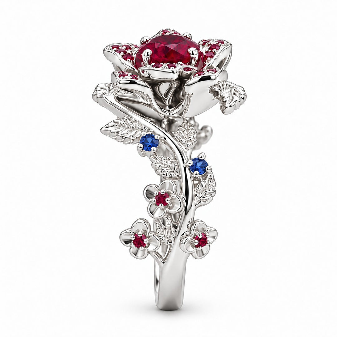 The Damask — Ruby & Sapphire Rose Flower Ring in 14K white gold, profile