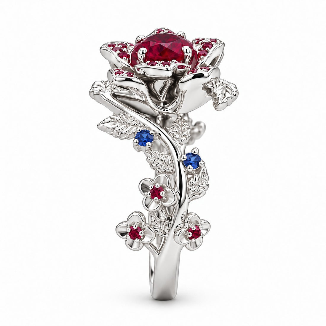 The Damask — Ruby & Sapphire Rose Flower Ring in 14K white gold, profile