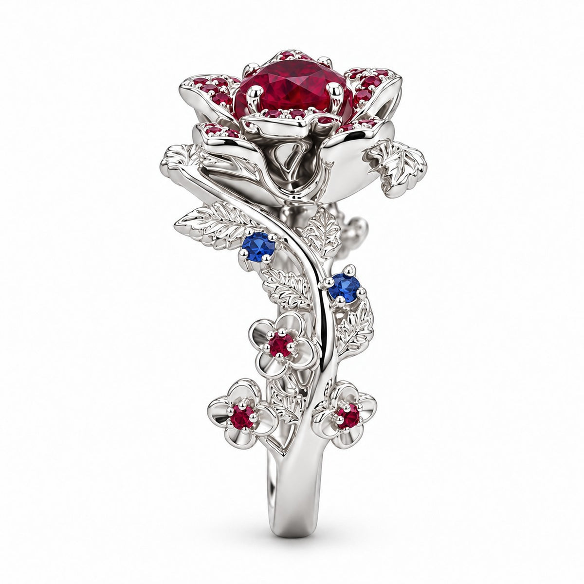 The Rosette — Ruby & Sapphire Rose Flower Ring, side view of the bloom and vine
