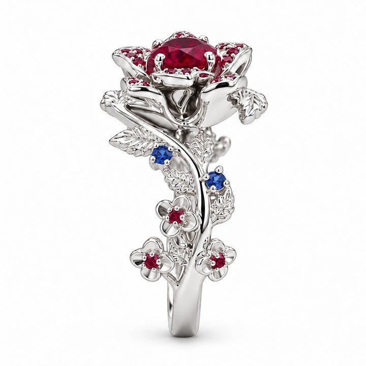 The Damask — Ruby & Sapphire Rose Flower Ring in 14K white gold, profile