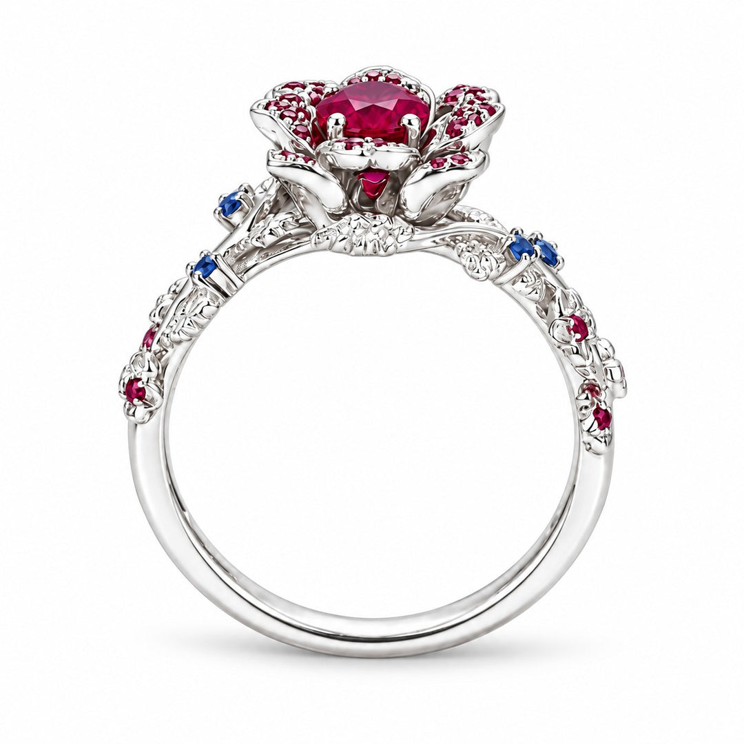 The Damask — Ruby & Sapphire Rose Flower Ring in 14K white gold, back and setting