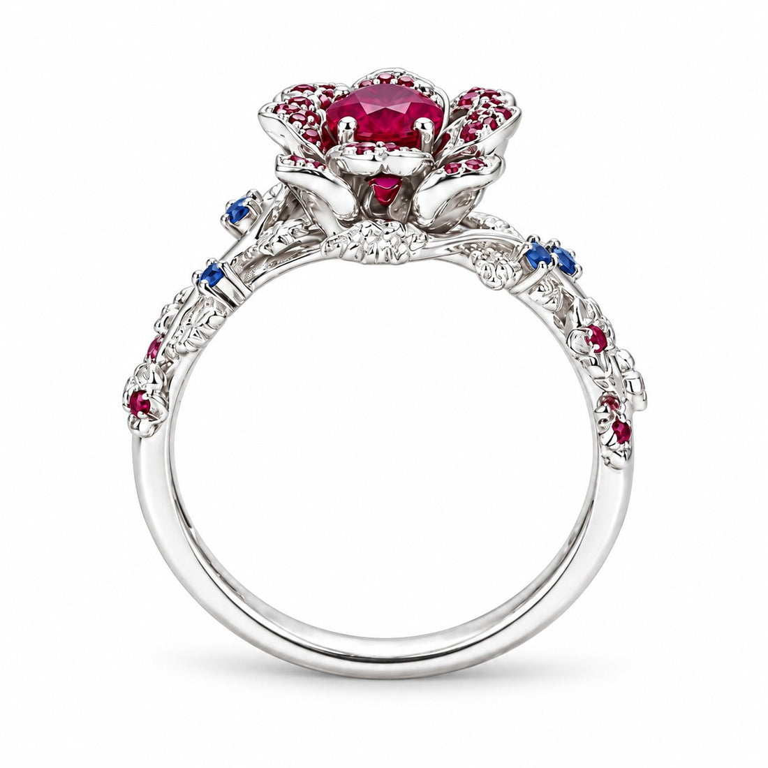 The Damask — Ruby & Sapphire Rose Flower Ring in 14K white gold, back and setting