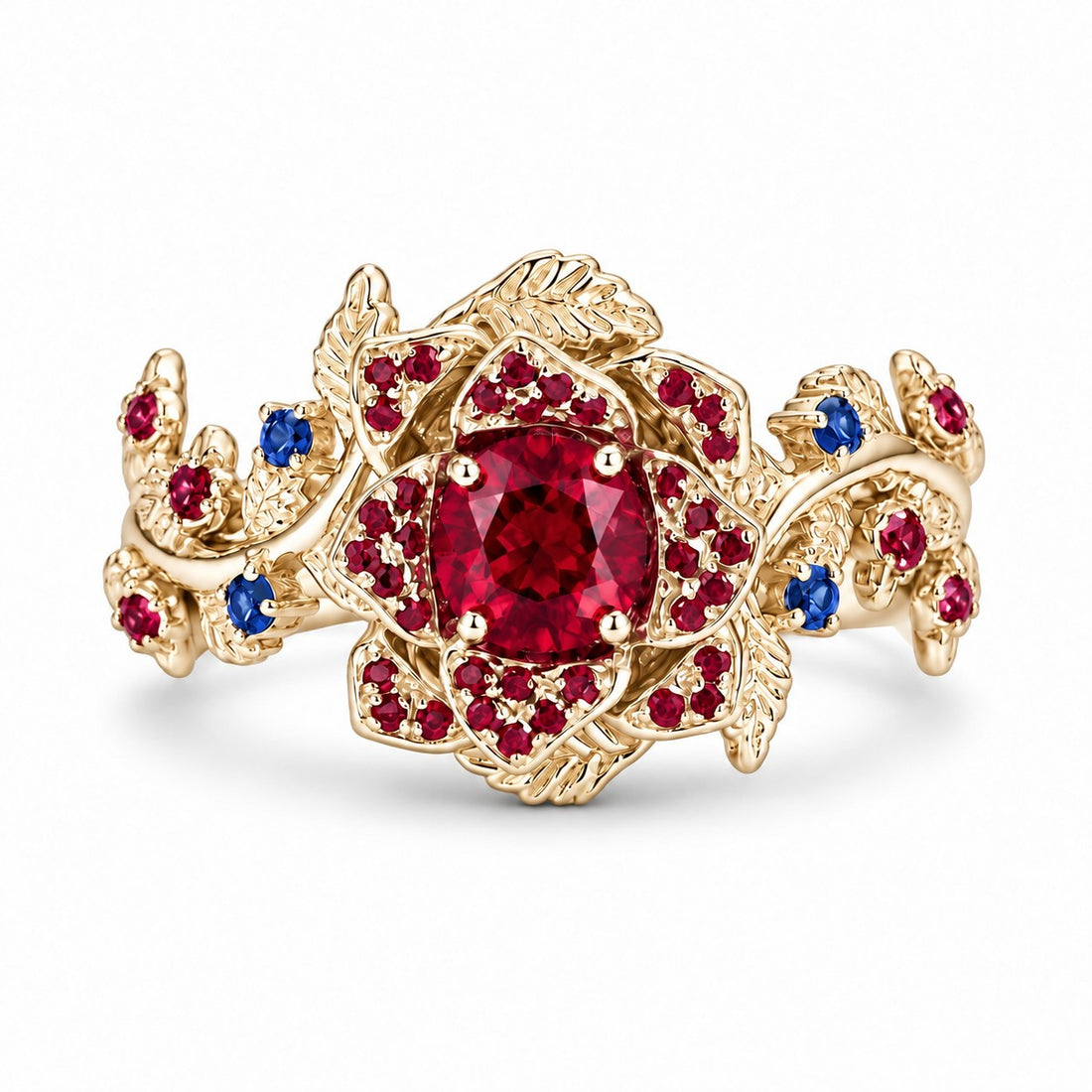 The Damask — Ruby & Sapphire Rose Flower Ring in 14K yellow gold, front view