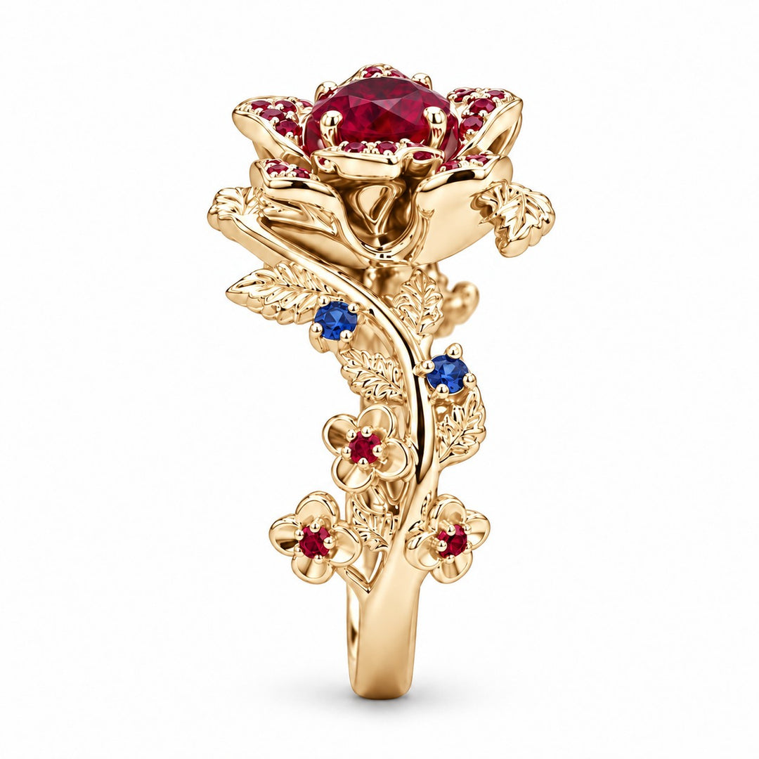 The Damask — Ruby & Sapphire Rose Flower Ring in 14K yellow gold, profile