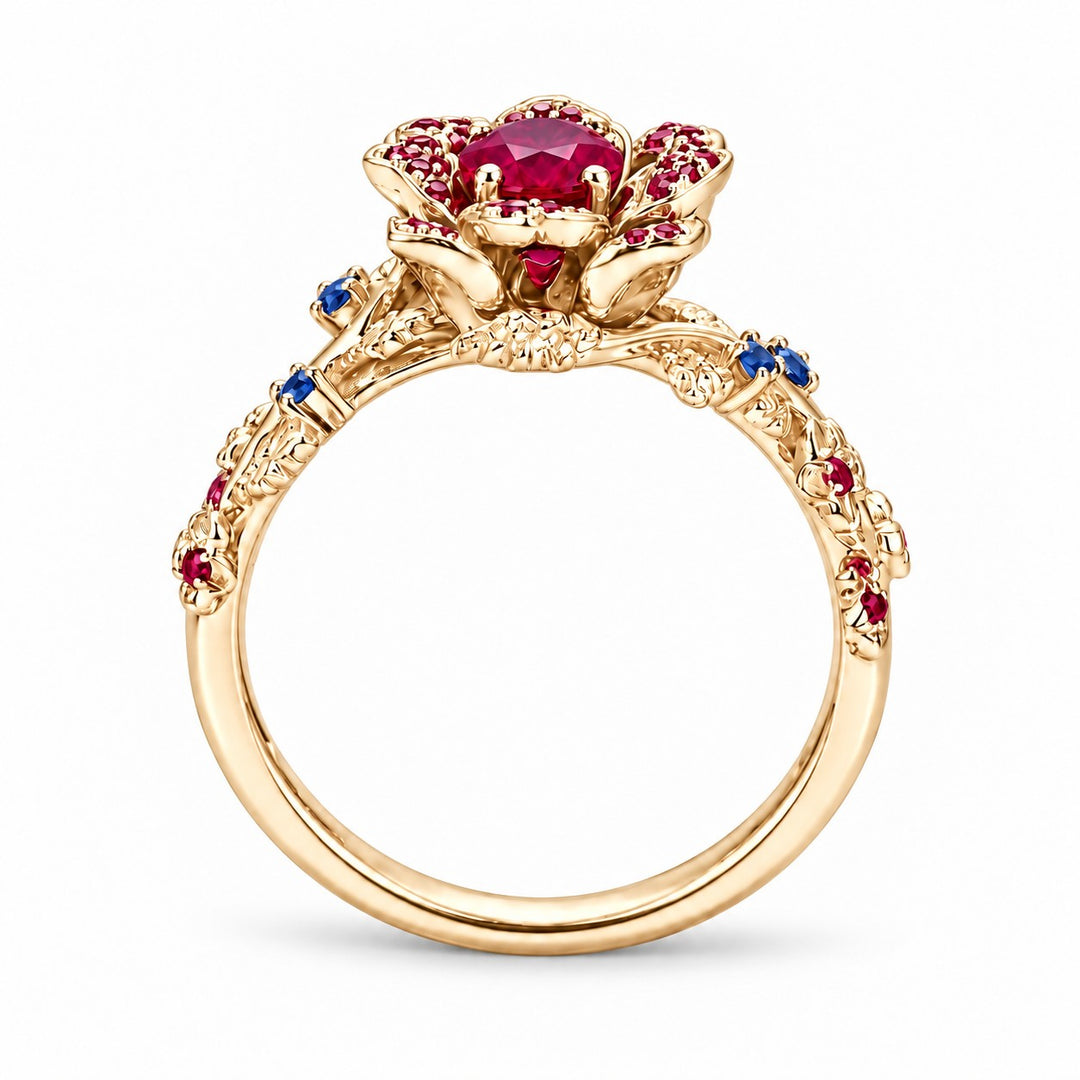 The Damask — Ruby & Sapphire Rose Flower Ring in 14K yellow gold, back and setting