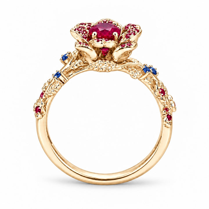 The Damask — Ruby & Sapphire Rose Flower Ring in 14K yellow gold, back and setting