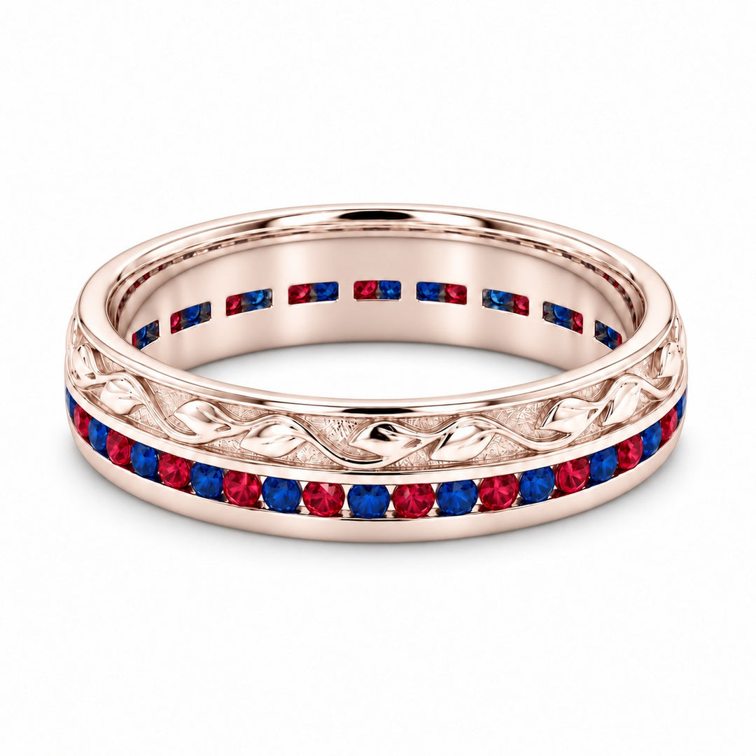 "Ruby & Sapphire" Channel-Set Wedding Band, 5mm in rose gold, front view