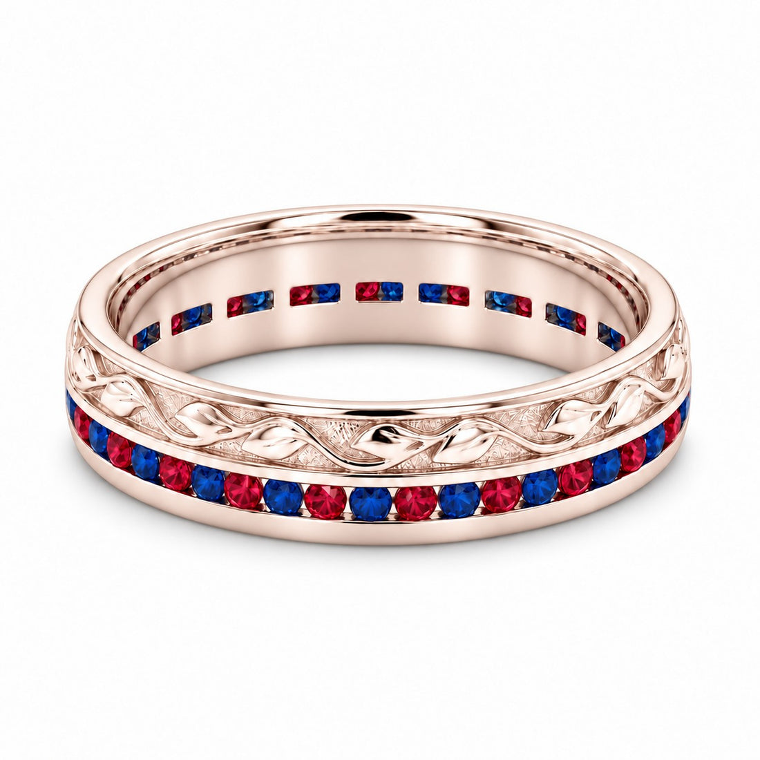 "Ruby & Sapphire" Channel-Set Wedding Band, 5mm in rose gold, front view