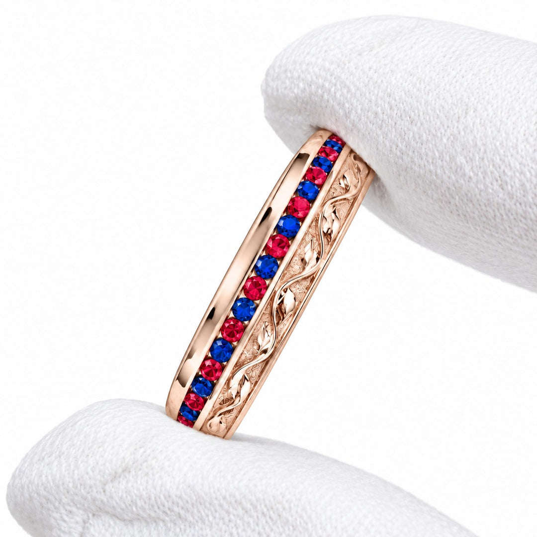 "Ruby & Sapphire" Channel-Set Wedding Band, 5mm in rose gold, three-quarter view