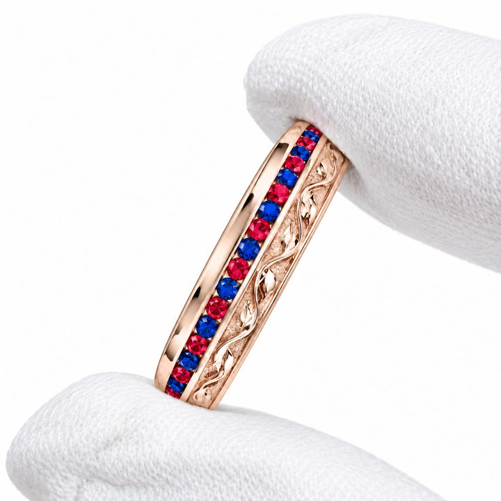 "Ruby & Sapphire" Channel-Set Wedding Band, 5mm in rose gold, three-quarter view
