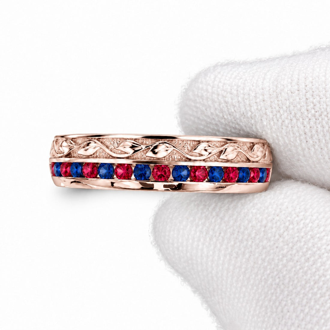 "Ruby & Sapphire" Channel-Set Wedding Band, 5mm in rose gold, detail
