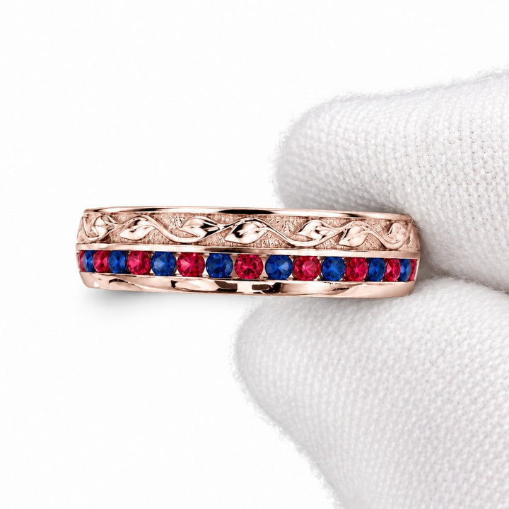 "Ruby & Sapphire" Channel-Set Wedding Band, 5mm in rose gold, detail