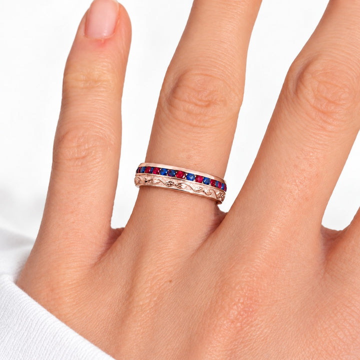 "Ruby & Sapphire" Channel-Set Wedding Band, 5mm in rose gold, on the hand