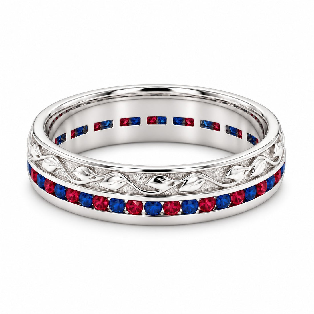 "Ruby & Sapphire" Channel-Set Wedding Band, 5mm in white gold, front view