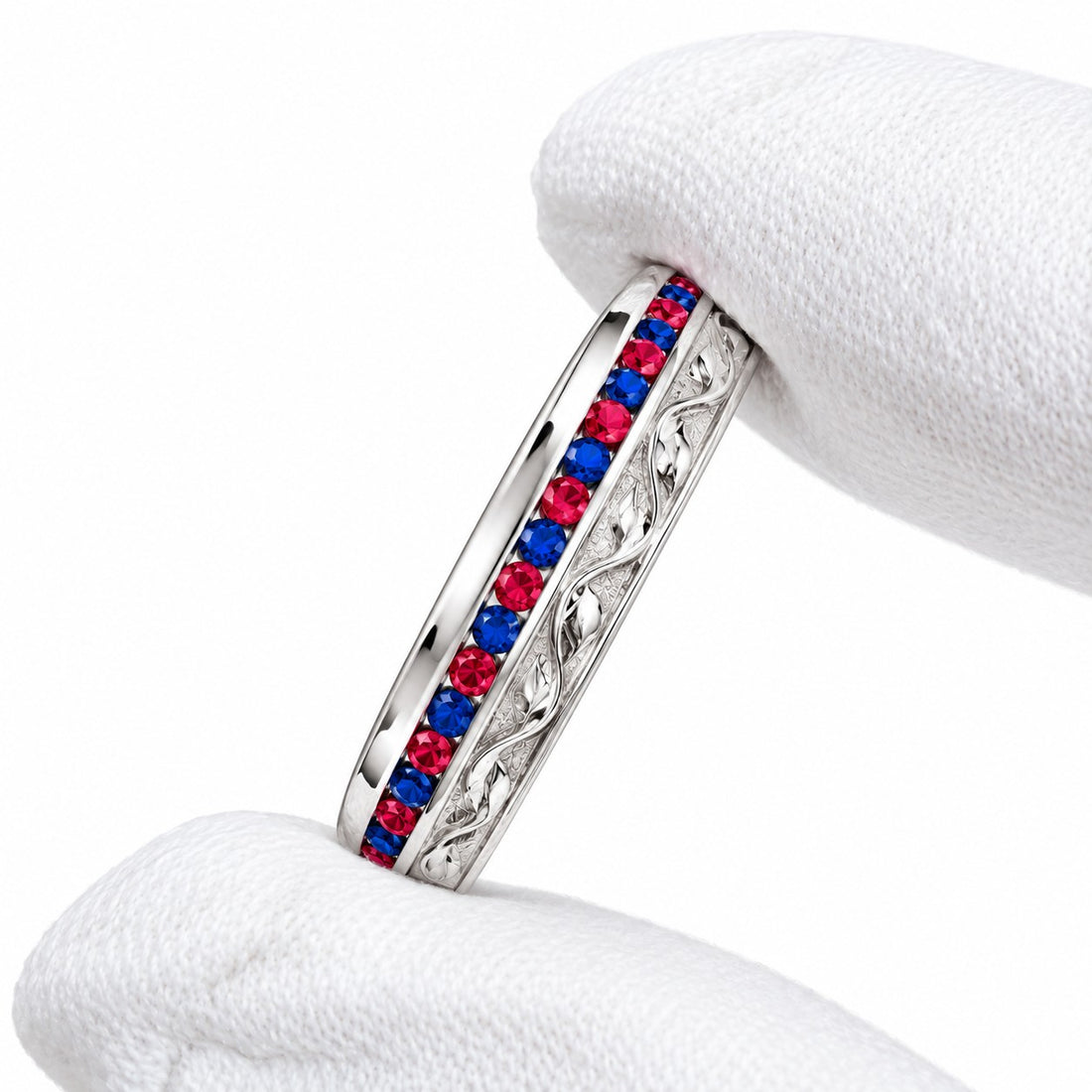 "Ruby & Sapphire" Channel-Set Wedding Band, 5mm in white gold, three-quarter view