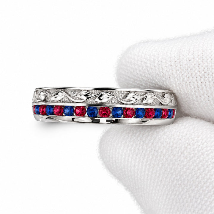 "Ruby & Sapphire" Channel-Set Wedding Band, 5mm in white gold, detail