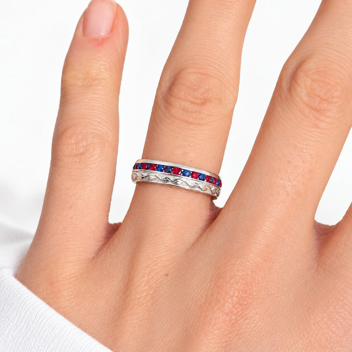"Ruby & Sapphire" Channel-Set Wedding Band, 5mm in white gold, on the hand
