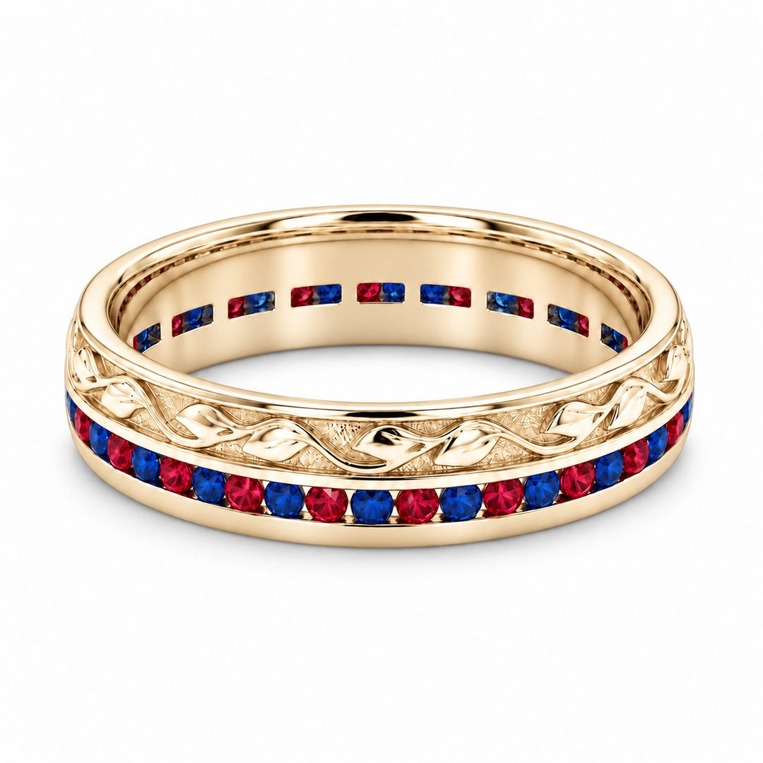 "Ruby & Sapphire" Channel-Set Wedding Band, 5mm in yellow gold, front view