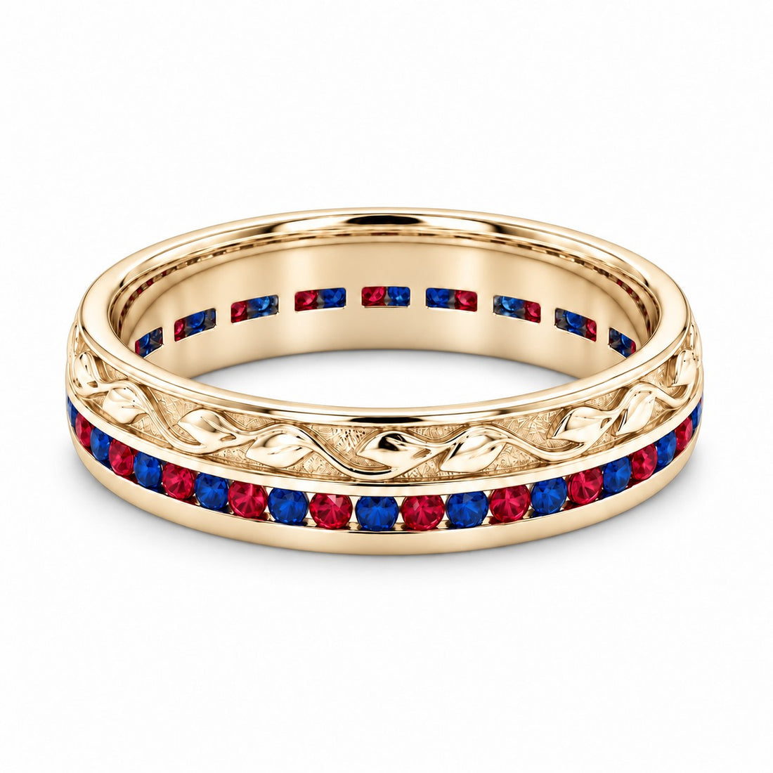 "Ruby & Sapphire" Channel-Set Wedding Band, 5mm in yellow gold, front view