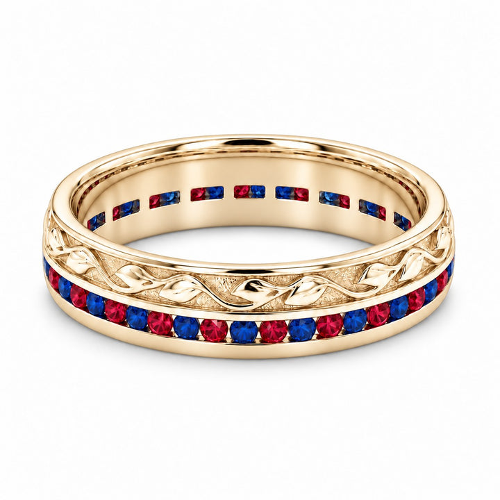 "Ruby & Sapphire" Channel-Set Wedding Band, 5mm in yellow gold, front view