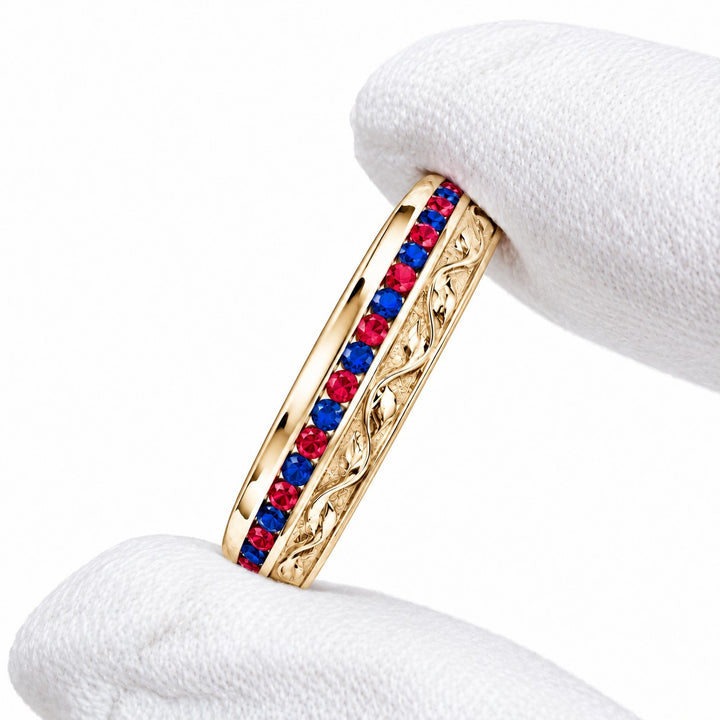 "Ruby & Sapphire" Channel-Set Wedding Band, 5mm in yellow gold, three-quarter view