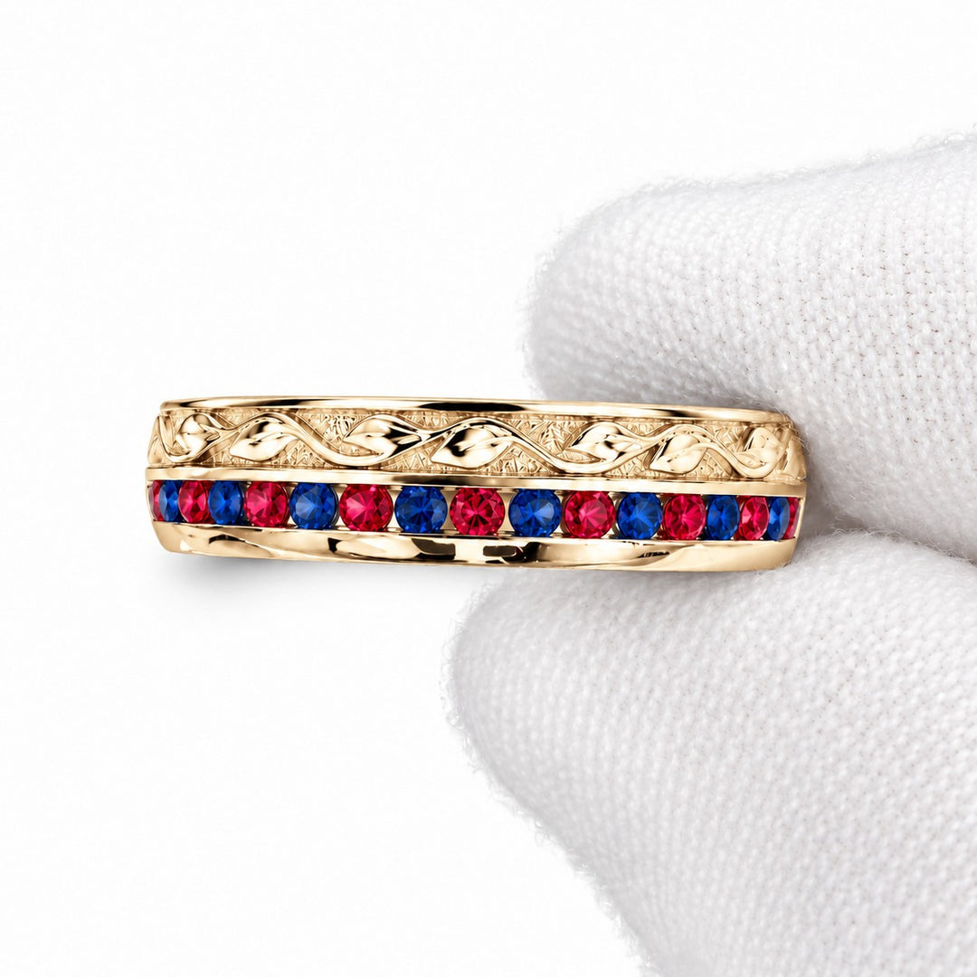 "Ruby & Sapphire" Channel-Set Wedding Band, 5mm in yellow gold, detail