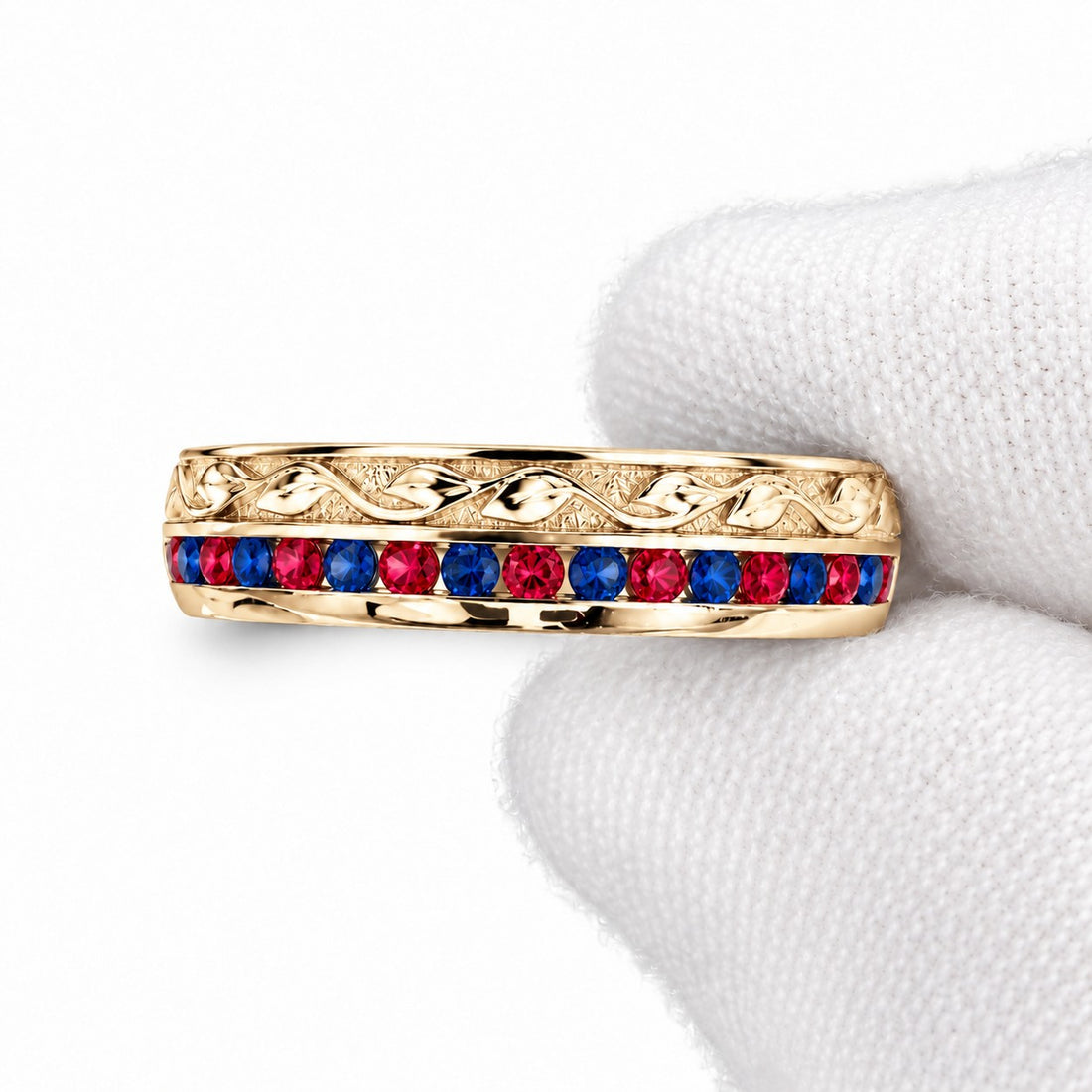 "Ruby & Sapphire" Channel-Set Wedding Band, 5mm in yellow gold, detail