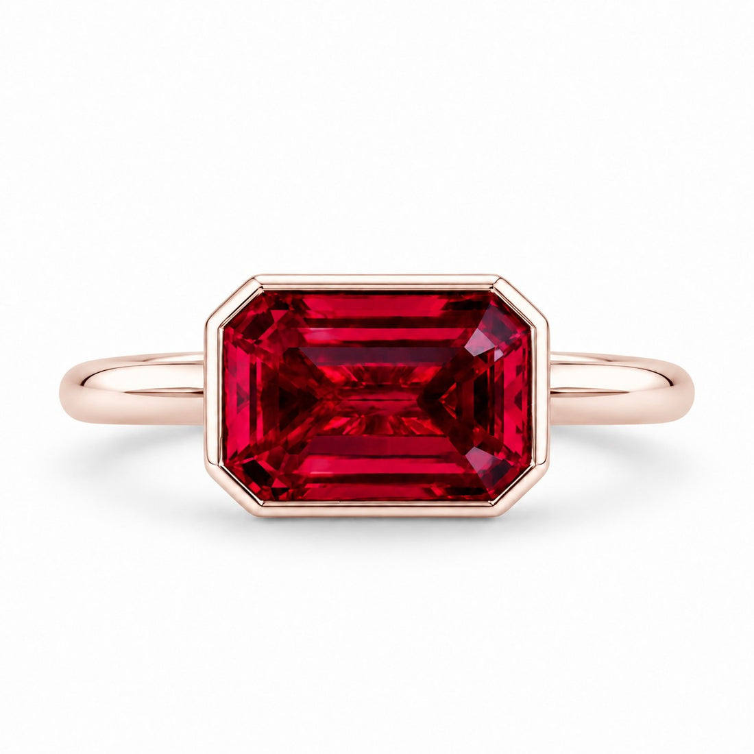 The Axis — East–West Bezel-Set Ruby Ring in 14K rose gold, front view