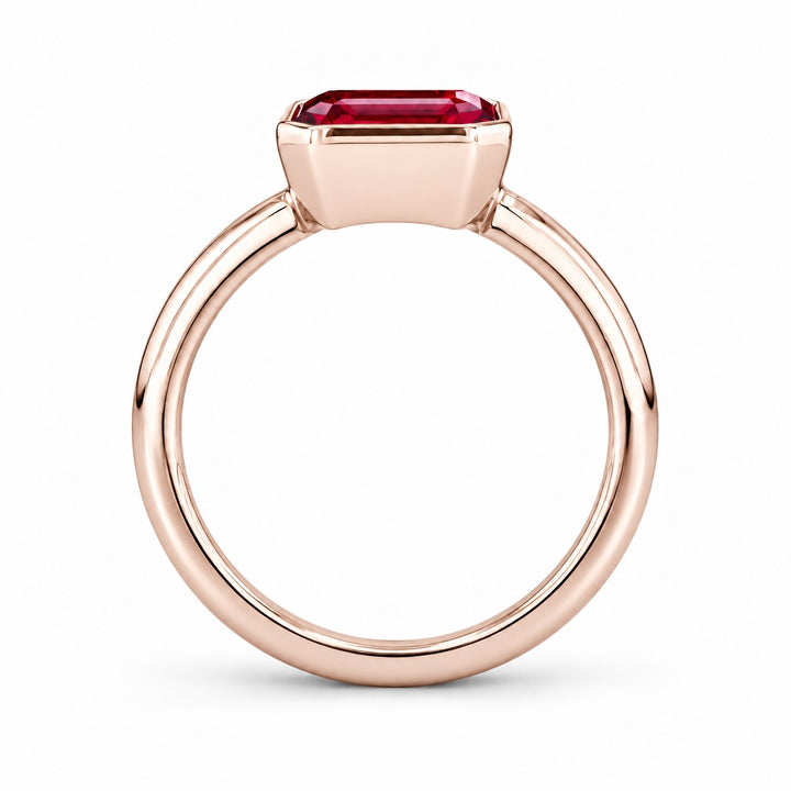 The Axis — East–West Bezel-Set Ruby Ring in 14K rose gold, profile