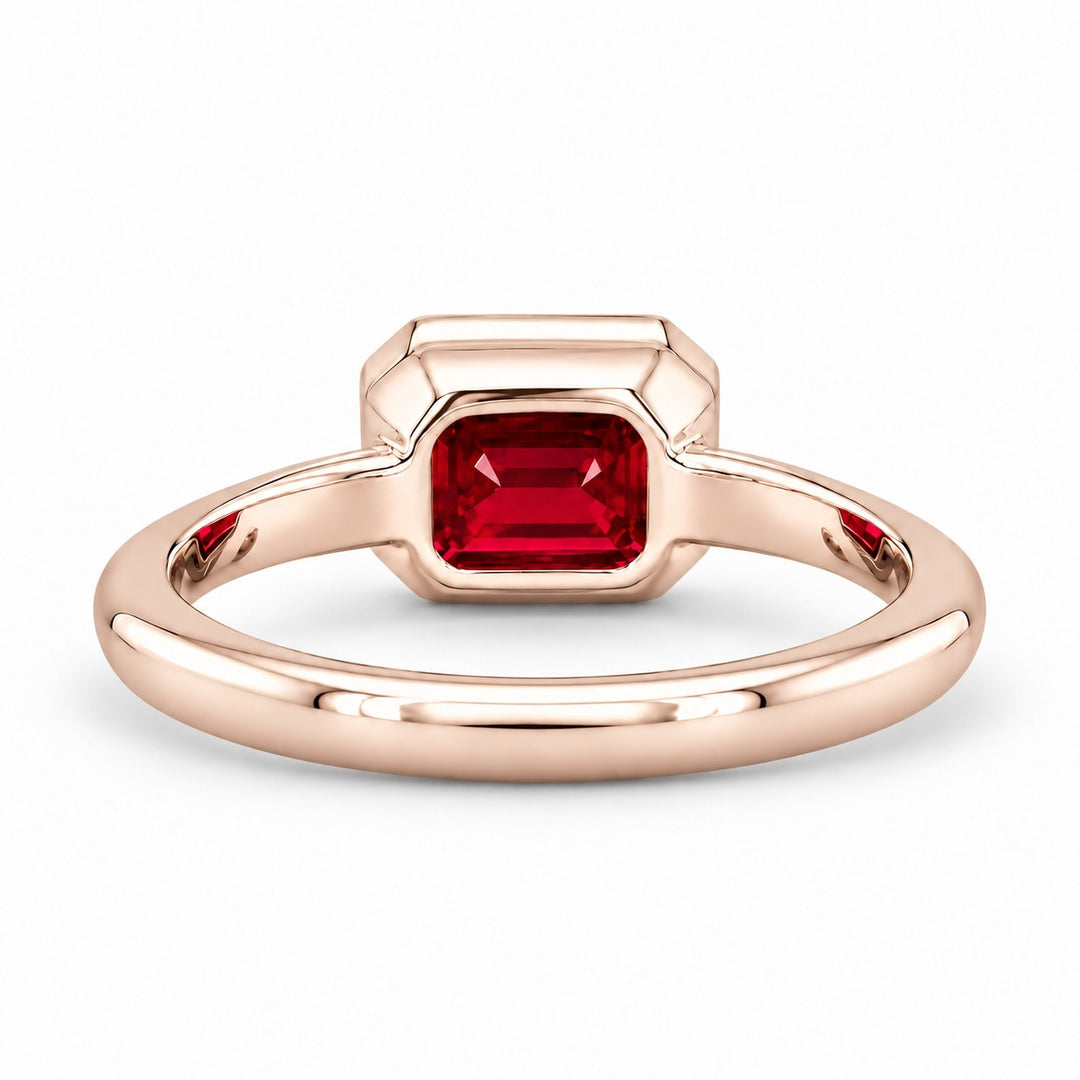 The Axis — East–West Bezel-Set Ruby Ring in 14K rose gold, back and setting